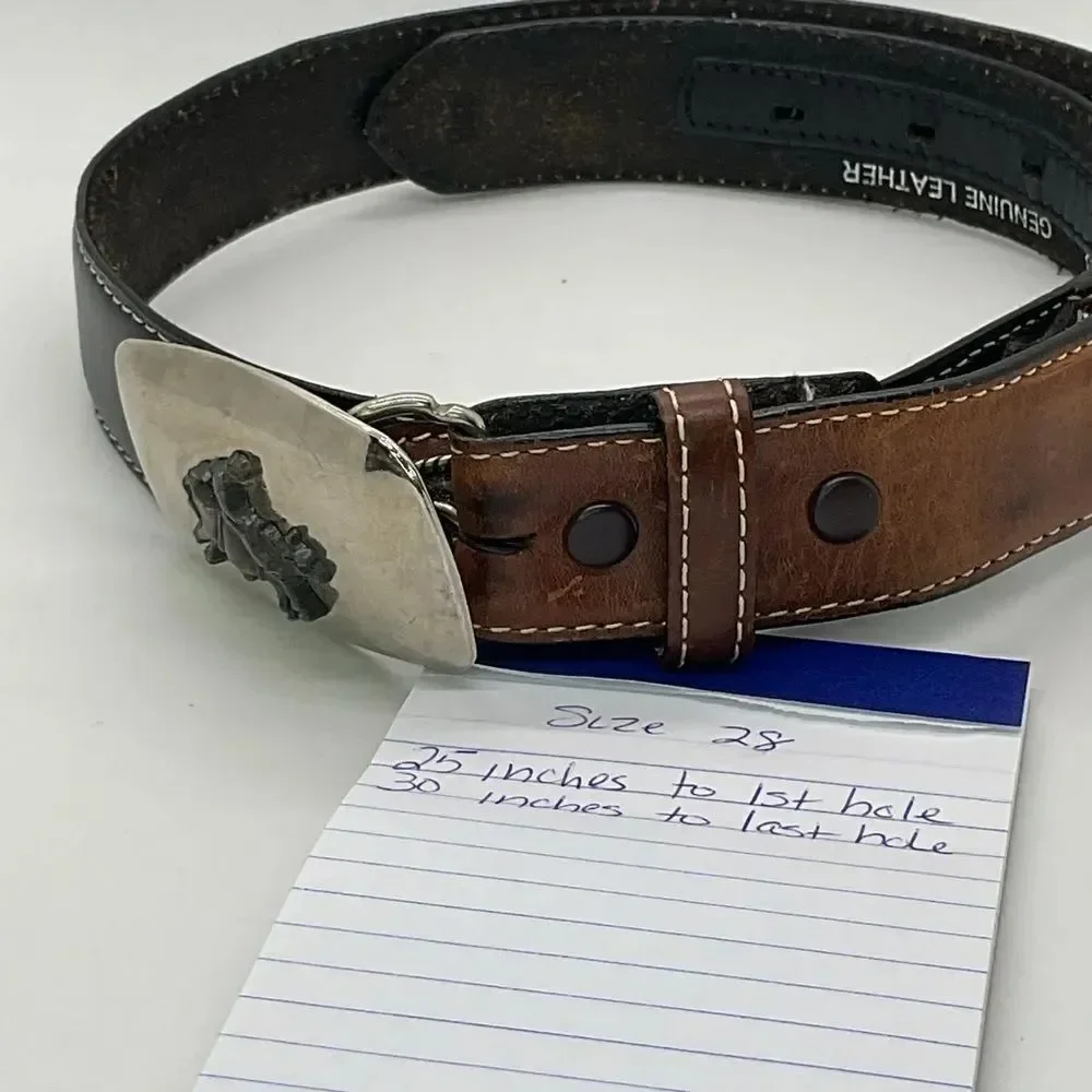 Nocona Brown And Black Leather Belt with Silver Toned embellishments